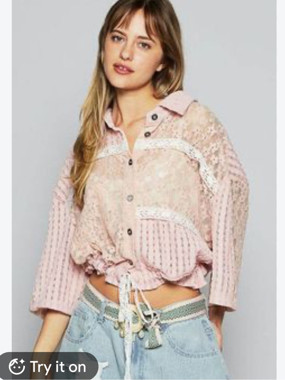 POL Light Pink Button-Up Top with Lace Size Large